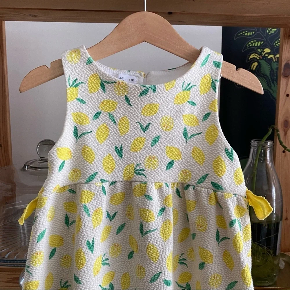 Zara Girls White Yellow Lemon Print Textured Sleeveless Dress 4t